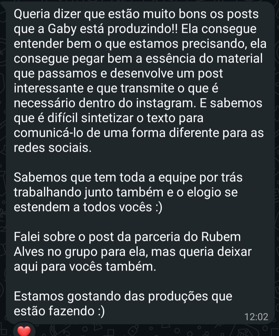 Feedback da Visite Campinas elogiando os posts produzidos